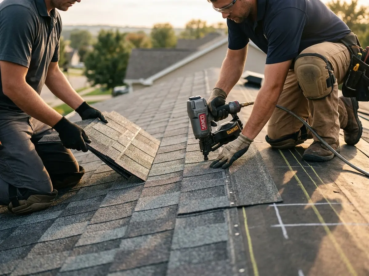 Professional roofer working on a residential roof in Forney